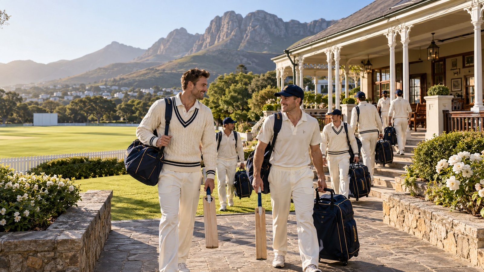 A cricket team arriving at an overseas pavilion